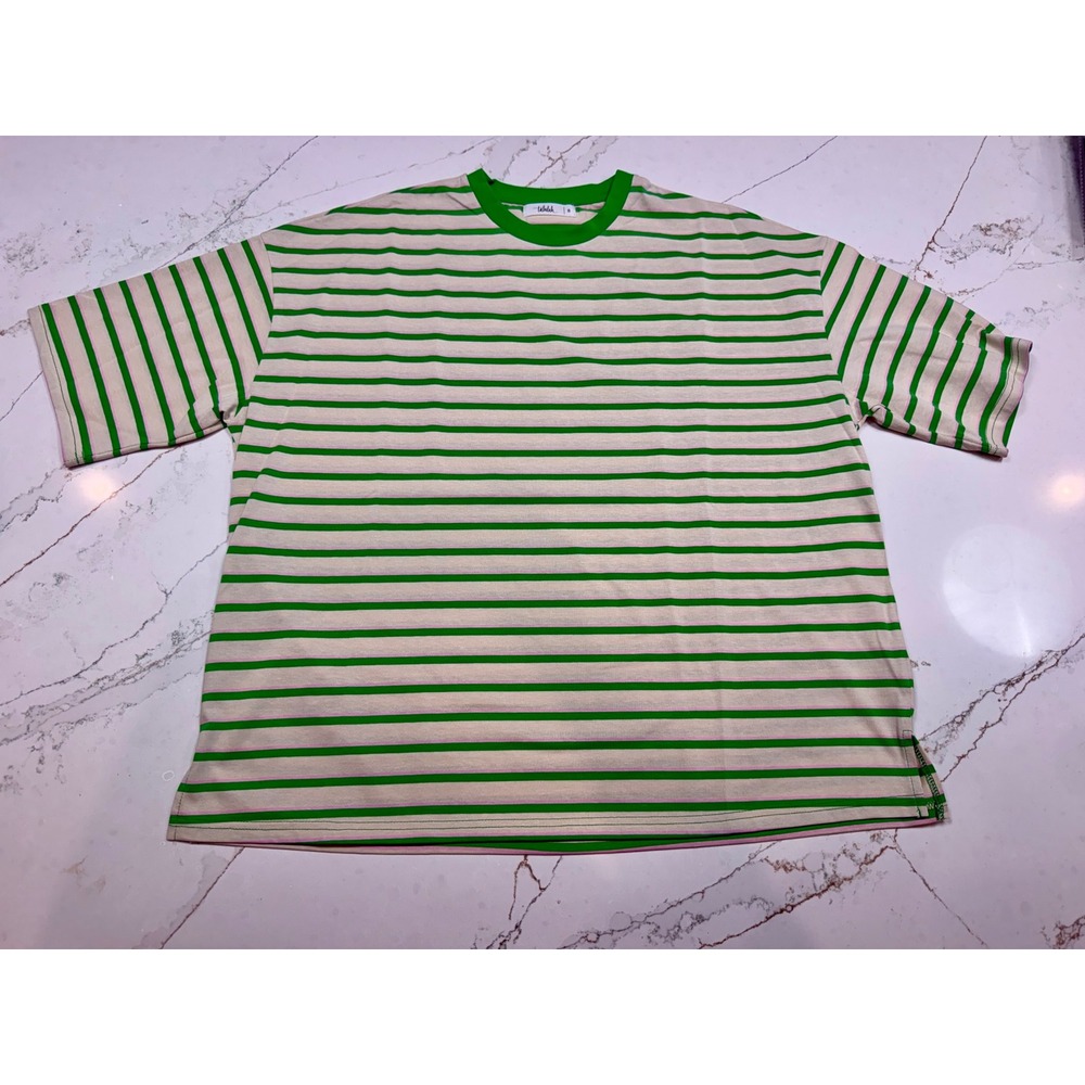Talulah Womens Oversized Striped T-Shirt Green Pink Cream Boxy Crew Neck Small